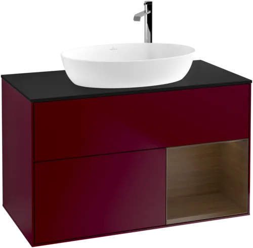 VILLEROY BOCH Toaletní stolek Finion, s osvětlením, 2 výsuvy, 1000 x 603 x 501 mm, matný lak Peony / ořechová dýha / černé matné sklo #F902GNHB