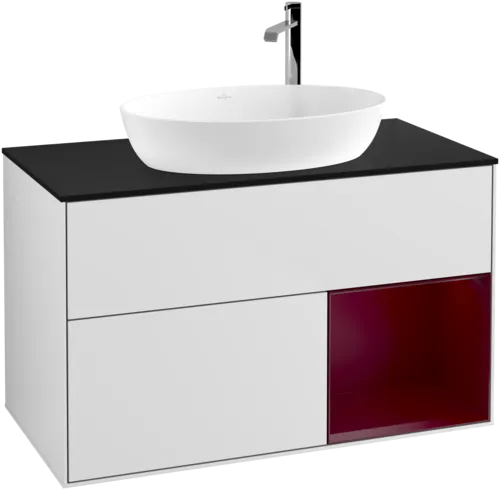 VILLEROY BOCH Toaletní skříňka Finion, s osvětlením, 2 výsuvy, 1000 x 603 x 501 mm, bílý matný lak / pivoňkový matný lak / černé matné sklo #F902HBMT, obrázek 1