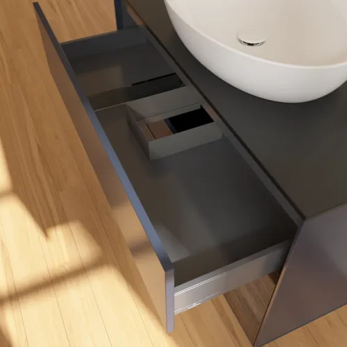 VILLEROY BOCH Toaletní skříňka Finion, s osvětlením, 2 výsuvy, 1000 x 603 x 501 mm, půlnočně modrý matný lak / ořechová dýha / černé matné sklo #F902GNHG, obrázek 6