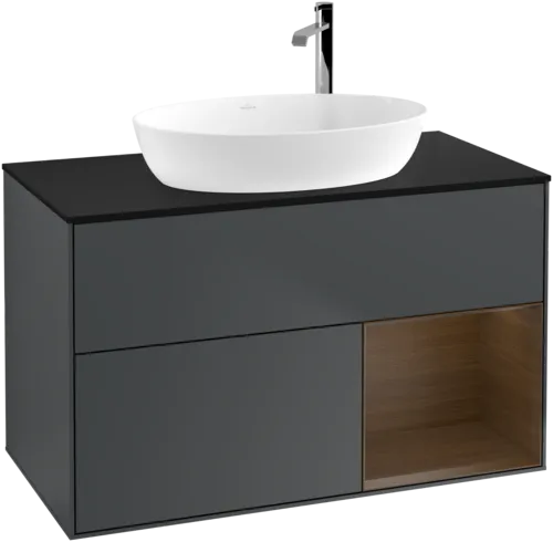 VILLEROY BOCH Toaletní skříňka Finion, s osvětlením, 2 výsuvy, 1000 x 603 x 501 mm, půlnočně modrý matný lak / ořechová dýha / černé matné sklo #F902GNHG, obrázek 1
