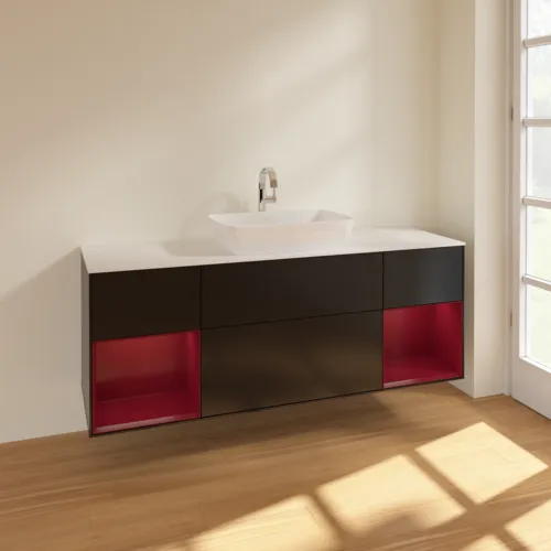 VILLEROY BOCH Toaletní skříňka Finion, s osvětlením, 4 výsuvy, 1600 x 603 x 501 mm, černý matný lak / pivoňkový matný lak / bílé matné sklo #F861HBPD, obrázek 2