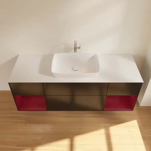 VILLEROY BOCH Toaletní skříňka Finion, s osvětlením, 4 výsuvy, 1600 x 603 x 501 mm, černý matný lak / pivoňkový matný lak / bílé matné sklo #F861HBPD, obrázek 4