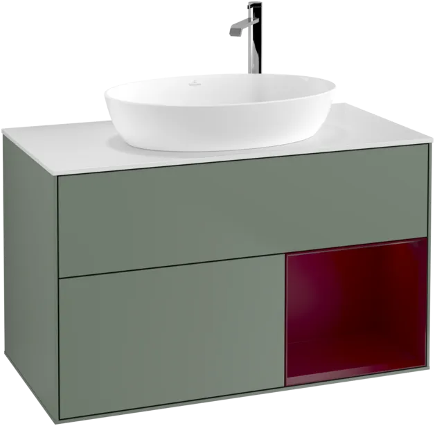 VILLEROY BOCH Toaletní skříňka Finion, s osvětlením, 2 výsuvy, 1000 x 603 x 501 mm, olivový matný lak / pivoňkový matný lak / bílé matné sklo #F901HBGM, obrázek 1
