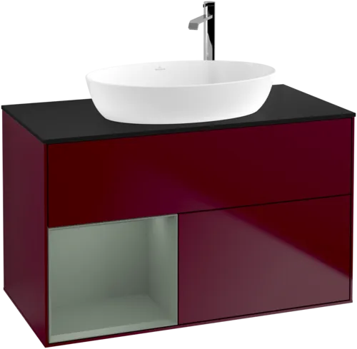 VILLEROY BOCH Toaletní skříňka Finion, s osvětlením, 2 výsuvy, 1000 x 603 x 501 mm, Pivoňka matný lak / Olivový matný lak / Sklo černé matné #F892GMHB, obrázek 1