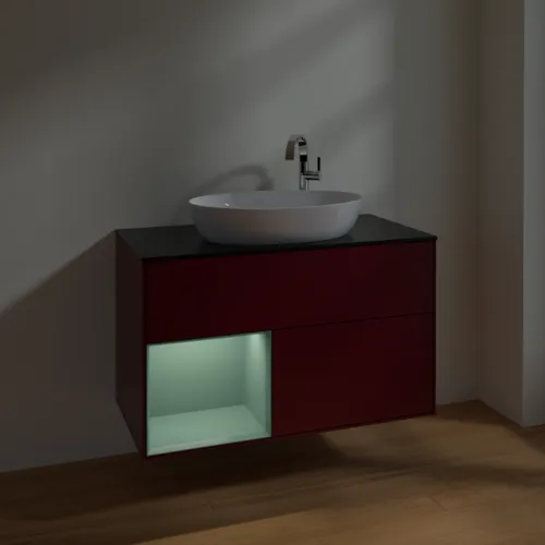 VILLEROY BOCH Toaletní skříňka Finion, s osvětlením, 2 výsuvy, 1000 x 603 x 501 mm, Pivoňka matný lak / Olivový matný lak / Sklo černé matné #F892GMHB, obrázek 5
