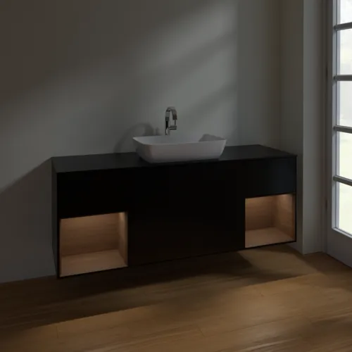 VILLEROY BOCH Toaletní skříňka Finion, s osvětlením, 4 výsuvy, 1600 x 603 x 501 mm, černý matný lak / ořechová dýha / černé matné sklo #F862GNPD, obrázek 5