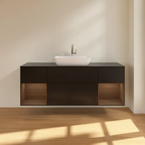 VILLEROY BOCH Toaletní skříňka Finion, s osvětlením, 4 výsuvy, 1600 x 603 x 501 mm, černý matný lak / ořechová dýha / černé matné sklo #F862GNPD, obrázek 3