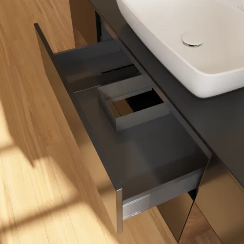 VILLEROY BOCH Toaletní skříňka Finion, s osvětlením, 4 výsuvy, 1600 x 603 x 501 mm, černý matný lak / ořechová dýha / černé matné sklo #F862GNPD, obrázek 8