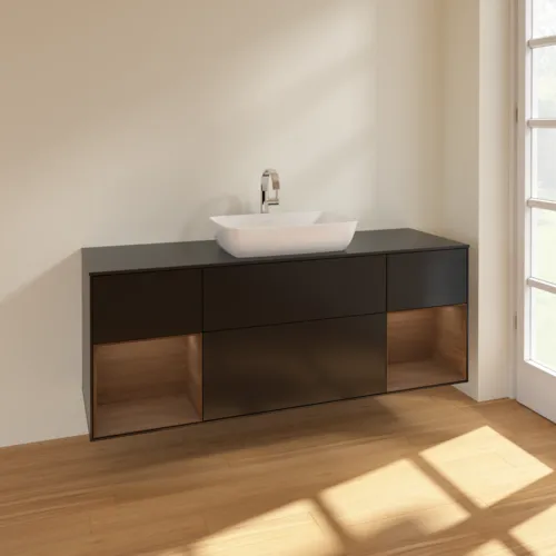 VILLEROY BOCH Toaletní skříňka Finion, s osvětlením, 4 výsuvy, 1600 x 603 x 501 mm, černý matný lak / ořechová dýha / černé matné sklo #F862GNPD, obrázek 2