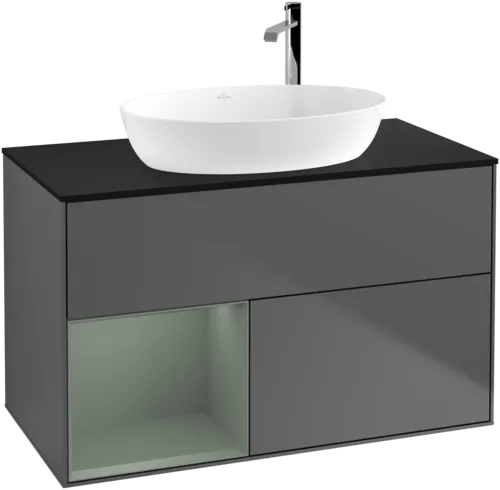 VILLEROY BOCH Toaletní skříňka Finion, s osvětlením, 2 výsuvy, 1000 x 603 x 501 mm, antracitový matný lak / olivový matný lak / černé matné sklo #F892GMGK, obrázek 1