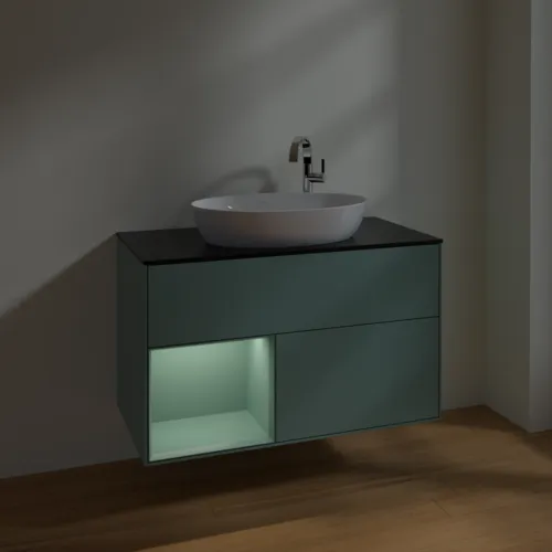 VILLEROY BOCH Toaletní skříňka Finion, s osvětlením, 2 výsuvy, 1000 x 603 x 501 mm, olivově matný lak / olivově matný lak / sklo černé matné #F892GMGM, obrázek 5