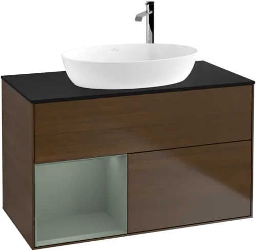 VILLEROY BOCH Toaletní skříňka Finion, s osvětlením, 2 výsuvy, 1000 x 603 x 501 mm, ořechová dýha / olivový matný lak / sklo černé matné #F892GMGN, obrázek 1