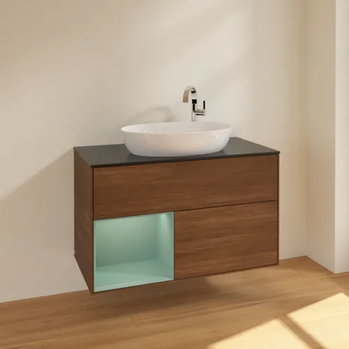 VILLEROY BOCH Toaletní skříňka Finion, s osvětlením, 2 výsuvy, 1000 x 603 x 501 mm, ořechová dýha / olivový matný lak / sklo černé matné #F892GMGN, obrázek 2
