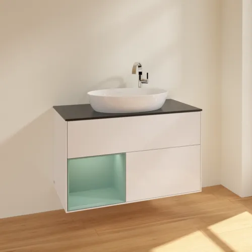 VILLEROY BOCH Toaletní skříňka Finion, s osvětlením, 2 výsuvy, 1000 x 603 x 501 mm, lesklý bílý lak / olivově matný lak / černé matné sklo #F892GMGF, obrázek 2