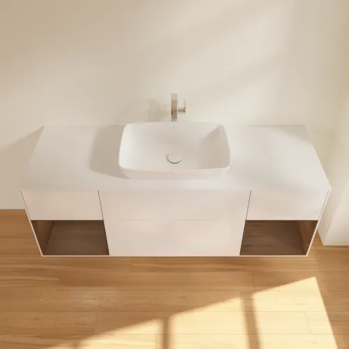 VILLEROY BOCH Toaletní skříňka Finion, s osvětlením, 4 výsuvy, 1600 x 603 x 501 mm, lesklý bílý lak / ořechová dýha / sklo bílé matné #F861GNGF, obrázek 4