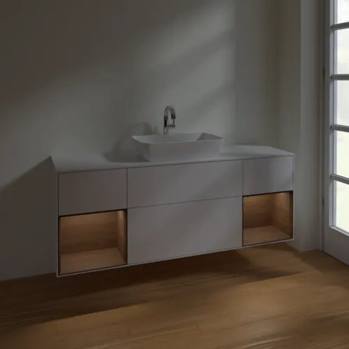 VILLEROY BOCH Toaletní skříňka Finion, s osvětlením, 4 výsuvy, 1600 x 603 x 501 mm, lesklý bílý lak / ořechová dýha / sklo bílé matné #F861GNGF, obrázek 5