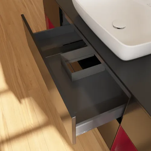 VILLEROY BOCH Toaletní skříňka Finion, s osvětlením, 4 výsuvy, 1600 x 603 x 501 mm, černý matný lak / pivoňkový matný lak / černé matné sklo #F862HBPD, obrázek 8