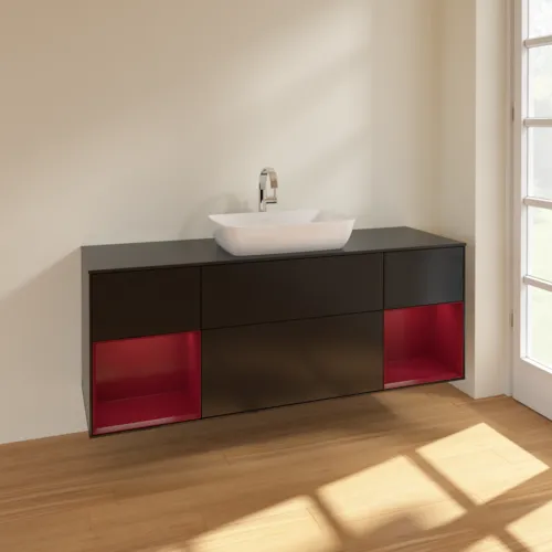 VILLEROY BOCH Toaletní skříňka Finion, s osvětlením, 4 výsuvy, 1600 x 603 x 501 mm, černý matný lak / pivoňkový matný lak / černé matné sklo #F862HBPD, obrázek 2