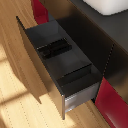 VILLEROY BOCH Toaletní skříňka Finion, s osvětlením, 4 výsuvy, 1600 x 603 x 501 mm, černý matný lak / pivoňkový matný lak / černé matné sklo #F862HBPD, obrázek 7