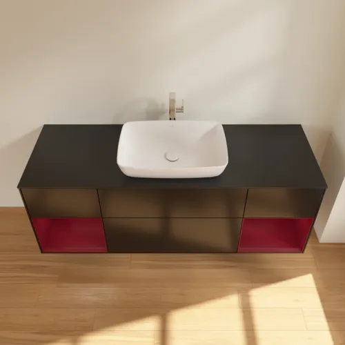VILLEROY BOCH Toaletní skříňka Finion, s osvětlením, 4 výsuvy, 1600 x 603 x 501 mm, černý matný lak / pivoňkový matný lak / černé matné sklo #F862HBPD, obrázek 4
