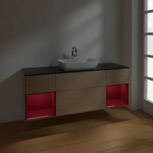 VILLEROY BOCH Toaletní skříňka Finion, s osvětlením, 4 výsuvy, 1600 x 603 x 501 mm, dubová dýha / matný lak Pivoňka / matné černé sklo #F862HBPC, obrázek 5