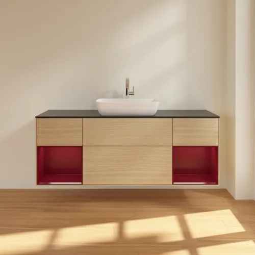 VILLEROY BOCH Toaletní skříňka Finion, s osvětlením, 4 výsuvy, 1600 x 603 x 501 mm, dubová dýha / matný lak Pivoňka / matné černé sklo #F862HBPC, obrázek 3