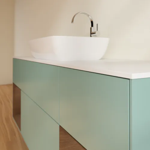 VILLEROY BOCH Toaletní skříňka Finion, s osvětlením, 4 výsuvy, 1600 x 603 x 501 mm, olivově matný lak / ořechová dýha / sklo bílé matné #F861GNGM, obrázek 6