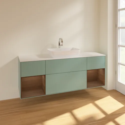 VILLEROY BOCH Toaletní skříňka Finion, s osvětlením, 4 výsuvy, 1600 x 603 x 501 mm, olivově matný lak / ořechová dýha / sklo bílé matné #F861GNGM, obrázek 2