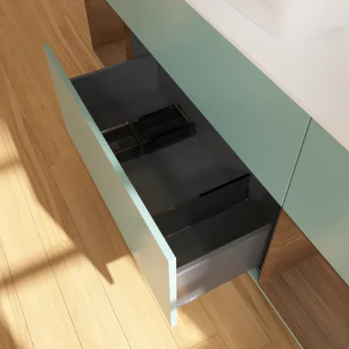 VILLEROY BOCH Toaletní skříňka Finion, s osvětlením, 4 výsuvy, 1600 x 603 x 501 mm, olivově matný lak / ořechová dýha / sklo bílé matné #F861GNGM, obrázek 7