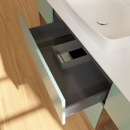 VILLEROY BOCH Toaletní skříňka Finion, s osvětlením, 4 výsuvy, 1600 x 603 x 501 mm, olivově matný lak / ořechová dýha / sklo bílé matné #F861GNGM, obrázek 8