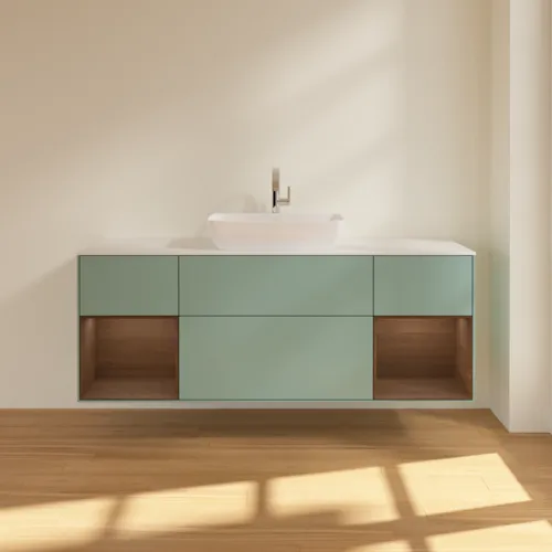 VILLEROY BOCH Toaletní skříňka Finion, s osvětlením, 4 výsuvy, 1600 x 603 x 501 mm, olivově matný lak / ořechová dýha / sklo bílé matné #F861GNGM, obrázek 3
