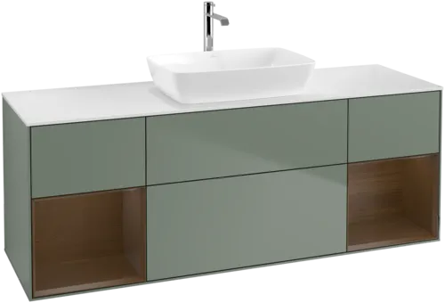 VILLEROY BOCH Toaletní skříňka Finion, s osvětlením, 4 výsuvy, 1600 x 603 x 501 mm, olivově matný lak / ořechová dýha / sklo bílé matné #F861GNGM, obrázek 1