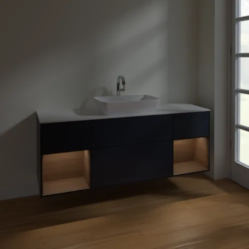 VILLEROY BOCH Toaletní skříňka Finion, s osvětlením, 4 výsuvy, 1600 x 603 x 501 mm, půlnočně modrý matný lak / ořechová dýha / sklo bílé matné #F861GNHG, obrázek 5
