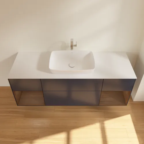 VILLEROY BOCH Toaletní skříňka Finion, s osvětlením, 4 výsuvy, 1600 x 603 x 501 mm, půlnočně modrý matný lak / ořechová dýha / sklo bílé matné #F861GNHG, obrázek 4