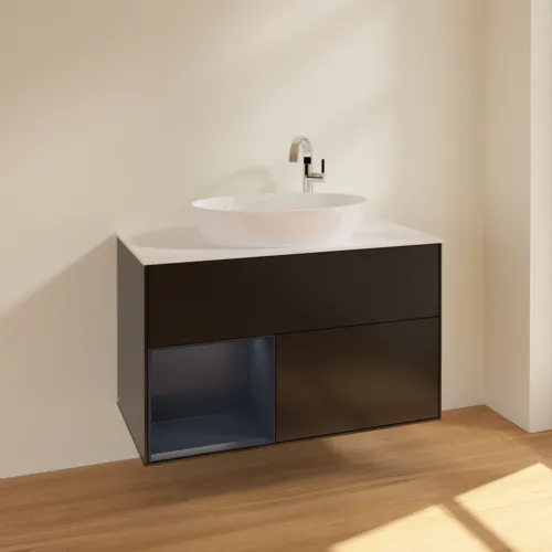 VILLEROY BOCH Toaletní skříňka Finion, s osvětlením, 2 výsuvy, 1000 x 603 x 501 mm, černý matný lak / půlnoční modrý matný lak / bílé matné sklo #F891HGPD, obrázek 2