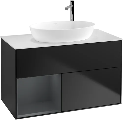 VILLEROY BOCH Toaletní skříňka Finion, s osvětlením, 2 výsuvy, 1000 x 603 x 501 mm, černý matný lak / půlnoční modrý matný lak / bílé matné sklo #F891HGPD, obrázek 1