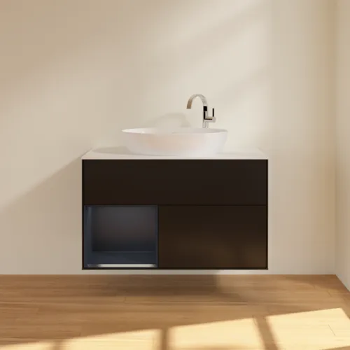 VILLEROY BOCH Toaletní skříňka Finion, s osvětlením, 2 výsuvy, 1000 x 603 x 501 mm, černý matný lak / půlnoční modrý matný lak / bílé matné sklo #F891HGPD, obrázek 3