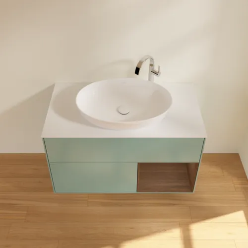 VILLEROY BOCH Toaletní skříňka Finion, s osvětlením, 2 výsuvy, 1000 x 603 x 501 mm, olivový matný lak / ořechová dýha / sklo bílé matné #F901GNGM, obrázek 4