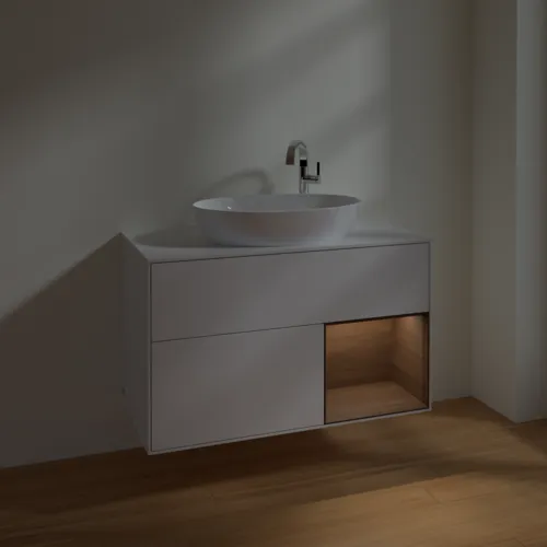 VILLEROY BOCH Toaletní skříňka Finion, s osvětlením, 2 výsuvy, 1000 x 603 x 501 mm, lesklý bílý lak / ořechová dýha / sklo bílé matné #F901GNGF, obrázek 4