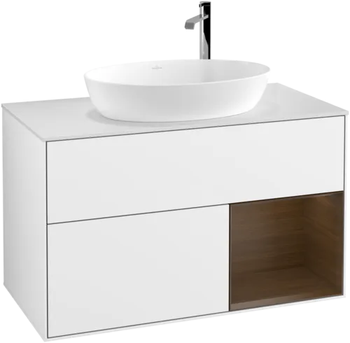 VILLEROY BOCH Toaletní skříňka Finion, s osvětlením, 2 výsuvy, 1000 x 603 x 501 mm, lesklý bílý lak / ořechová dýha / sklo bílé matné #F901GNGF, obrázek 1