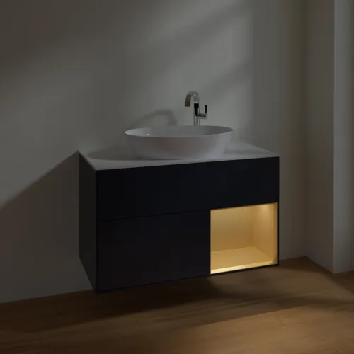 VILLEROY BOCH Toaletní skříňka Finion, s osvětlením, 2 výsuvy, 1000 x 603 x 501 mm, Midnight Blue Matt Lacquer / Gold Matt Lacquer / Glass White Matt #F901HFHG, obrázek 4