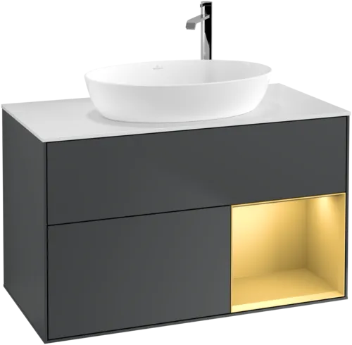 VILLEROY BOCH Toaletní skříňka Finion, s osvětlením, 2 výsuvy, 1000 x 603 x 501 mm, Midnight Blue Matt Lacquer / Gold Matt Lacquer / Glass White Matt #F901HFHG, obrázek 1