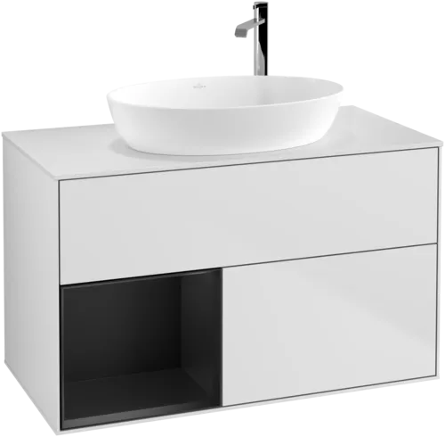 VILLEROY BOCH Toaletní skříňka Finion, s osvětlením, 2 výsuvy, 1000 x 603 x 501 mm, bílý matný lak / černý matný lak / bílé matné sklo #F891PDMT, obrázek 1