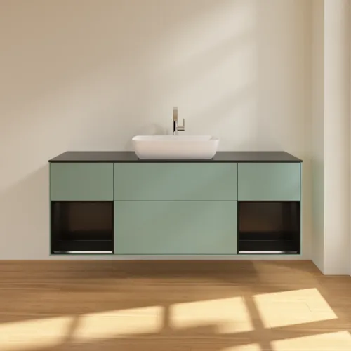 VILLEROY BOCH Toaletní skříňka Finion, s osvětlením, 4 výsuvy, 1600 x 603 x 501 mm, olivový matný lak / černý matný lak / černé matné sklo #F862PDGM, obrázek 3