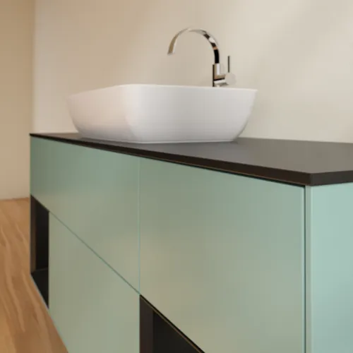 VILLEROY BOCH Toaletní skříňka Finion, s osvětlením, 4 výsuvy, 1600 x 603 x 501 mm, olivový matný lak / černý matný lak / černé matné sklo #F862PDGM, obrázek 6