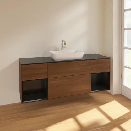 VILLEROY BOCH Toaletní skříňka Finion, s osvětlením, 4 výsuvy, 1600 x 603 x 501 mm, ořechová dýha / černý matný lak / černé matné sklo #F862PDGN, obrázek 2