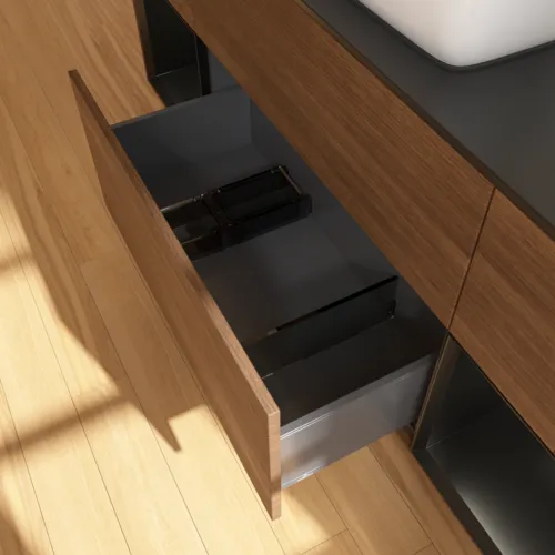 VILLEROY BOCH Toaletní skříňka Finion, s osvětlením, 4 výsuvy, 1600 x 603 x 501 mm, ořechová dýha / černý matný lak / černé matné sklo #F862PDGN, obrázek 7