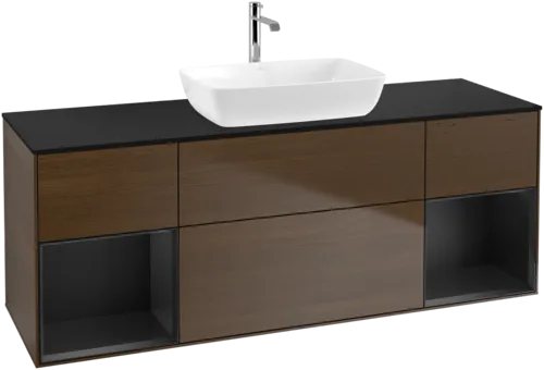 VILLEROY BOCH Toaletní skříňka Finion, s osvětlením, 4 výsuvy, 1600 x 603 x 501 mm, ořechová dýha / černý matný lak / černé matné sklo #F862PDGN, obrázek 1
