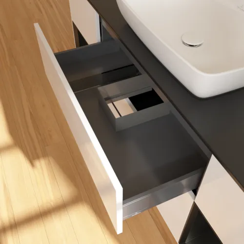 VILLEROY BOCH Toaletní skříňka Finion, s osvětlením, 4 výsuvy, 1600 x 603 x 501 mm, lesklý bílý lak / černý matný lak / černé matné sklo #F862PDGF, obrázek 8