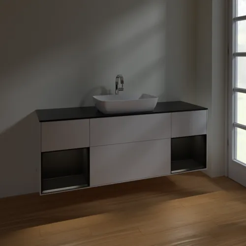 VILLEROY BOCH Toaletní skříňka Finion, s osvětlením, 4 výsuvy, 1600 x 603 x 501 mm, lesklý bílý lak / černý matný lak / černé matné sklo #F862PDGF, obrázek 5